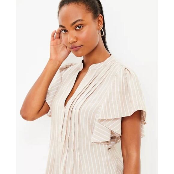 Ann Taylor LOFT Coastal Stripe Flutter Sleeve Pintuck Pleated Mini Dress XS - Picture 4 of 10